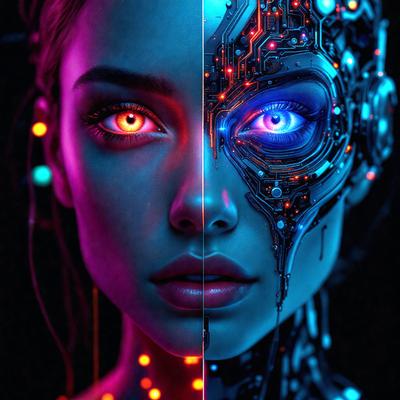 The primary subject of the image is a woman with two different colored eyes, one blue and one pink. She is wearing a futuristic, high-tech outfit, which includes a blue and pink headpiece. The setting is a dark room, and the visual style is a digital art or illustration. The colors and mood of the image are dramatic and futuristic, with the woman's unique eye color and the high-tech outfit creating a striking and intriguing scene.
